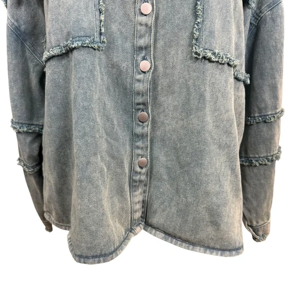 POL Frayed Denim Shacket Jacket Size L Blue Snap Front Distressed Western Style - Picture 3 of 10